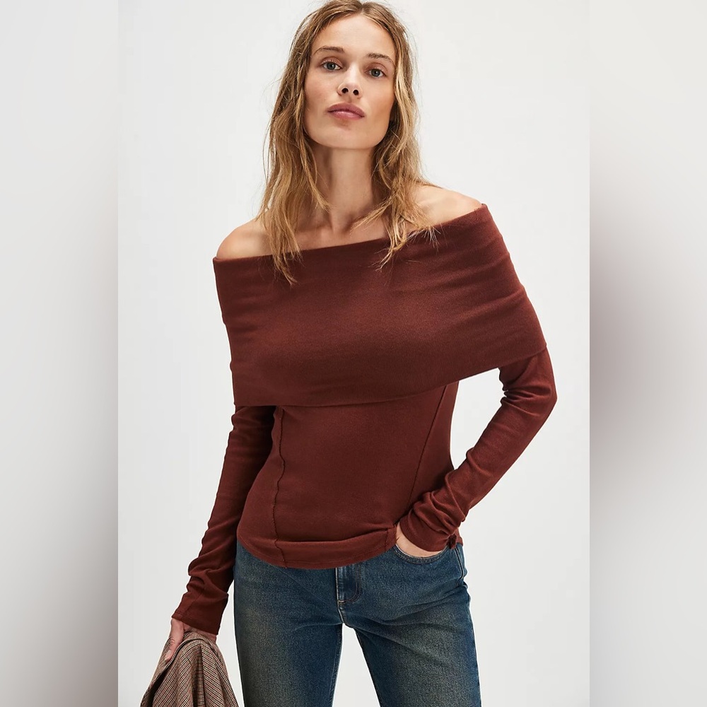 Free People Off-the-Shoulder Sweater in Brown